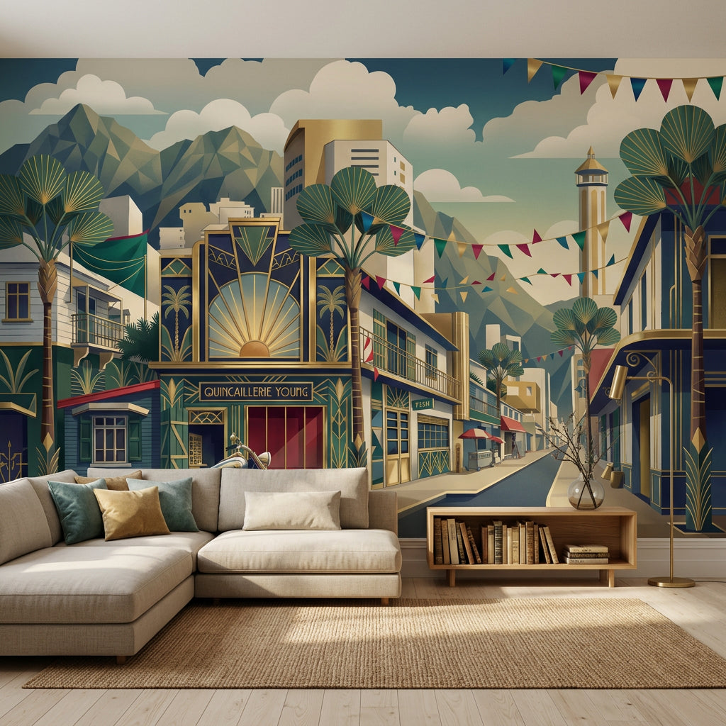 Art Deco Wallpaper City Street Removable Mountains Wall Decor