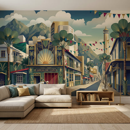 Art Deco Wallpaper City Street Removable Mountains Wall Decor