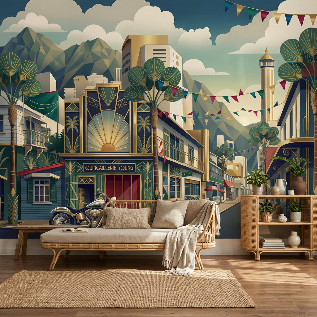 Art Deco Wallpaper City Street Removable Mountains Wall Decor