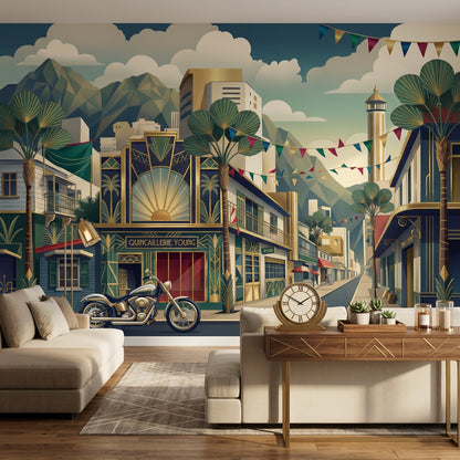 Art Deco Wallpaper City Street Removable Mountains Wall Decor