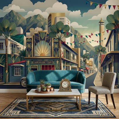 Art Deco Wallpaper City Street Removable Mountains Wall Decor