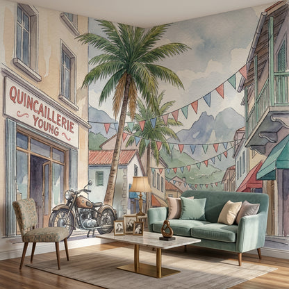 Mediterranean Street Wallpaper Watercolor Palm Tree Wall Mural
