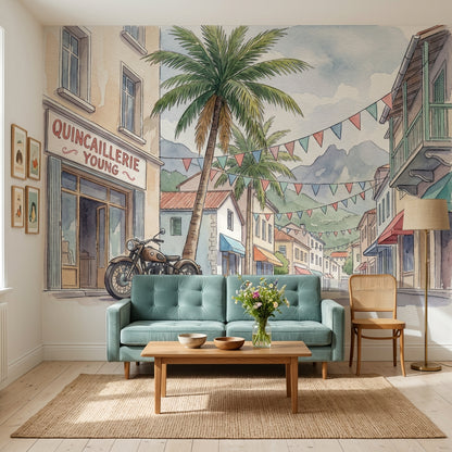 Mediterranean Street Wallpaper Watercolor Palm Tree Wall Mural