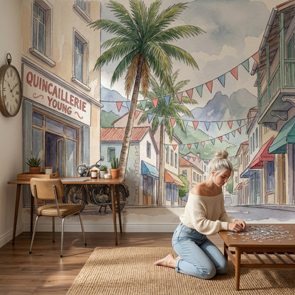 Mediterranean Street Wallpaper Watercolor Palm Tree Wall Mural