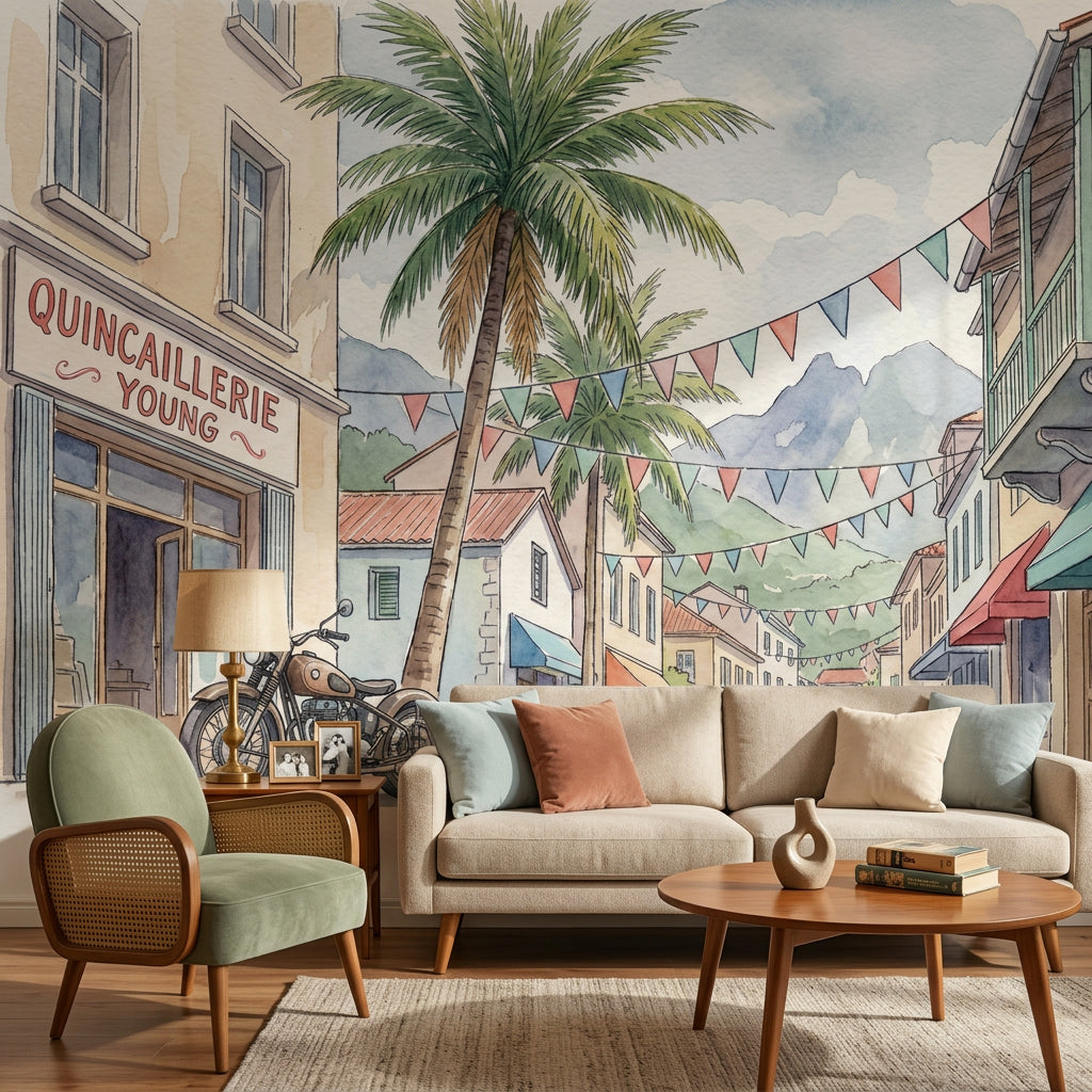 Mediterranean Street Wallpaper Watercolor Palm Tree Wall Mural