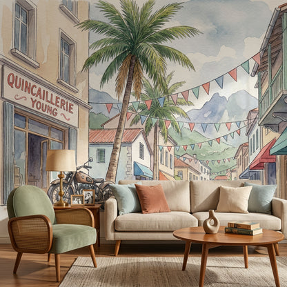 Mediterranean Street Wallpaper Watercolor Palm Tree Wall Mural