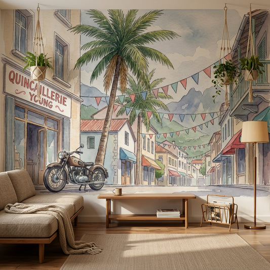 Mediterranean Street Wallpaper Watercolor Palm Tree Wall Mural