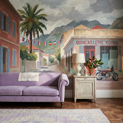 Painted Street Scene Wallpaper Coastal Town Removable French Storefront Wall Decor