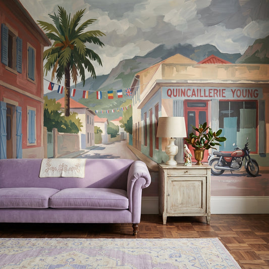 Painted Street Scene Wallpaper Coastal Town Removable French Storefront Wall Decor