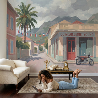 Painted Street Scene Wallpaper Coastal Town Removable French Storefront Wall Decor