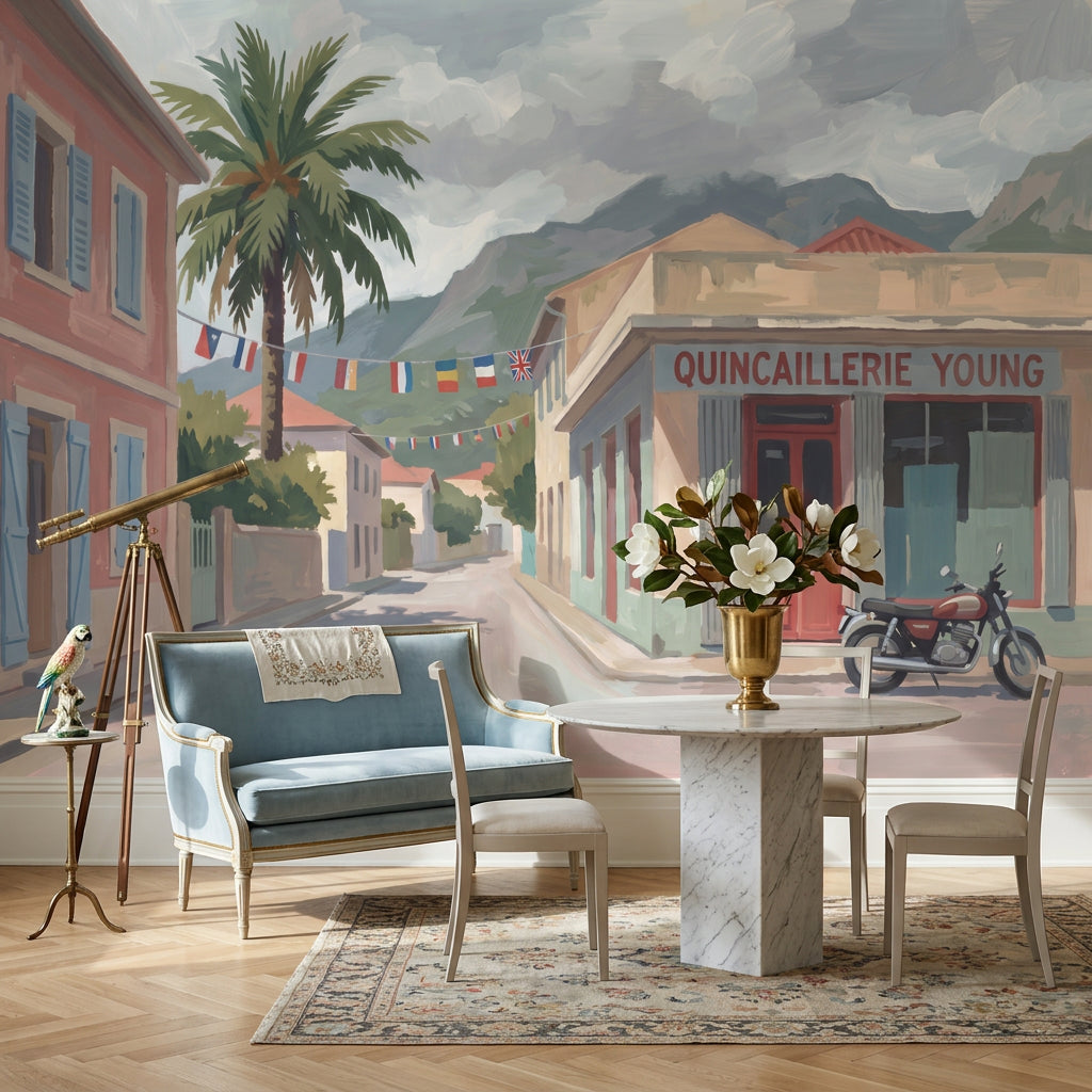 Painted Street Scene Wallpaper Coastal Town Removable French Storefront Wall Decor