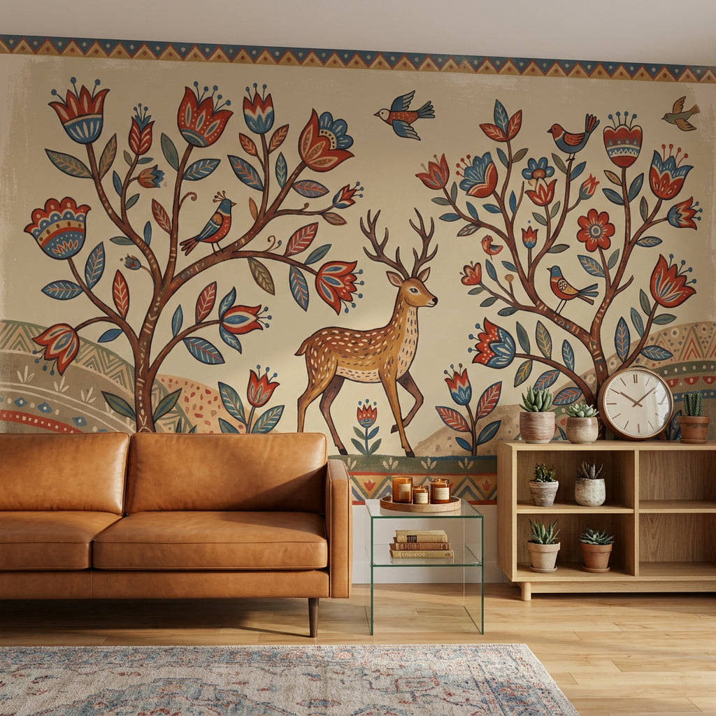 Folk Art Wallpaper Floral Trees Deer Wall Mural