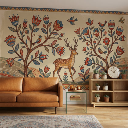 Folk Art Wallpaper Floral Trees Deer Wall Mural