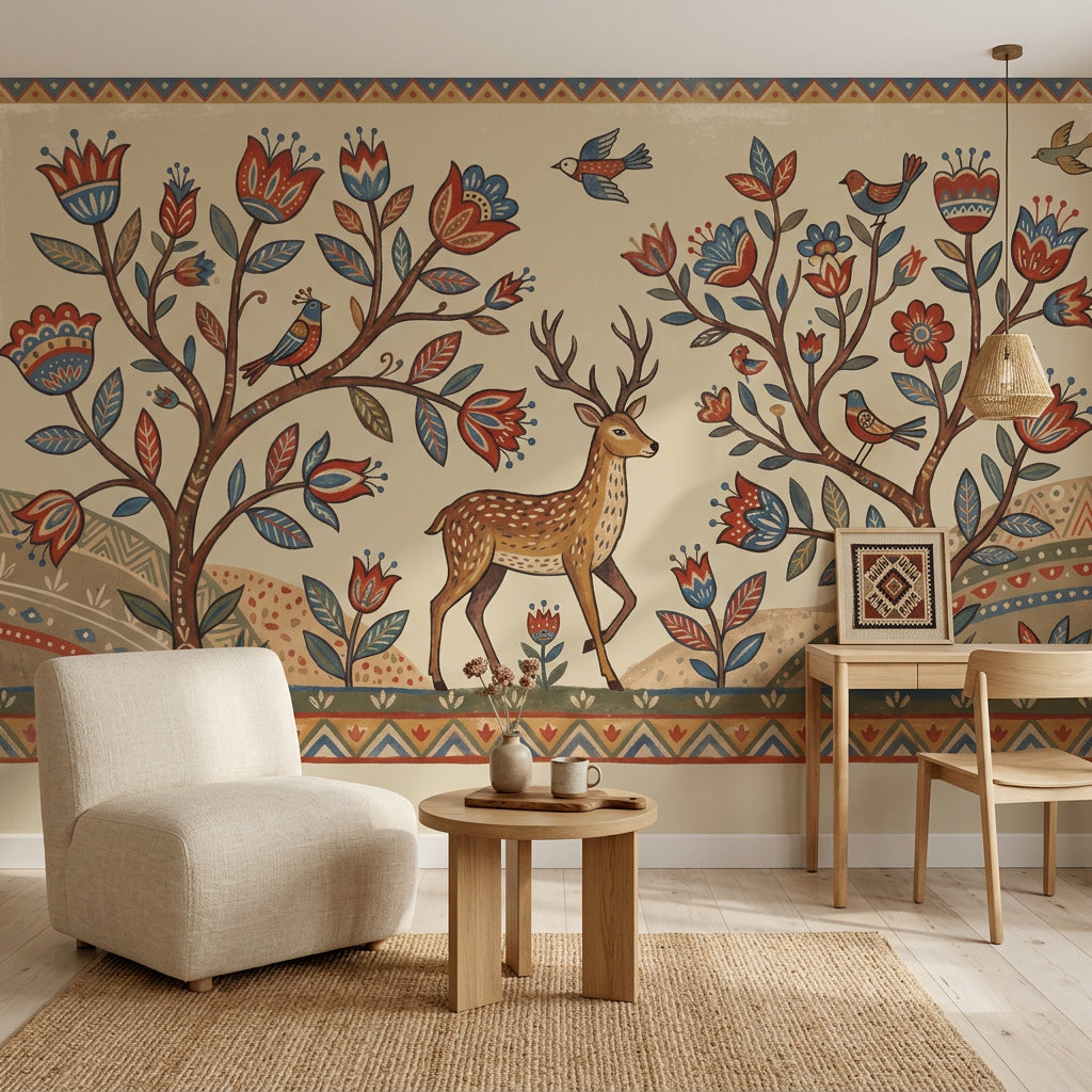 Folk Art Wallpaper Floral Trees Deer Wall Mural