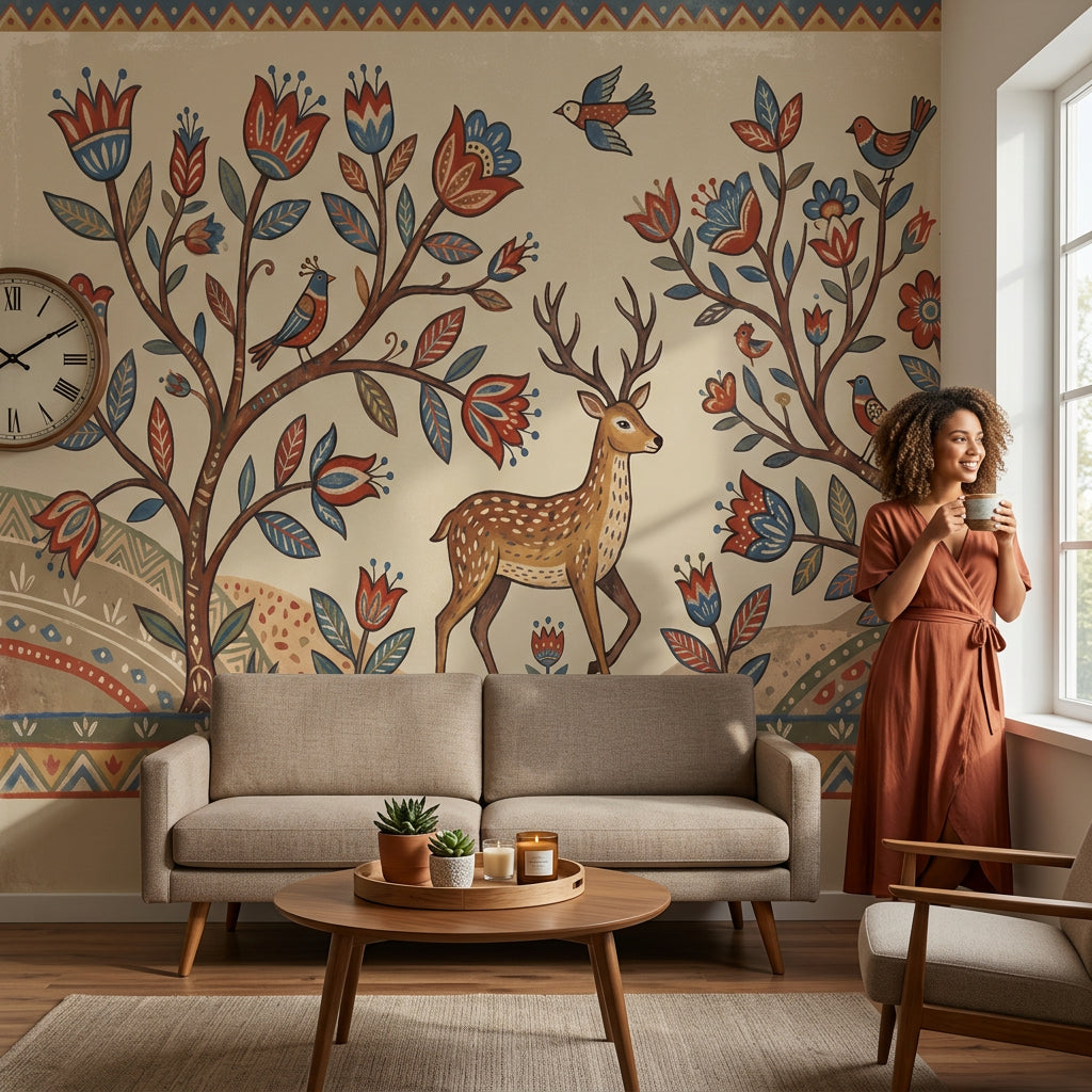 Folk Art Wallpaper Floral Trees Deer Wall Mural
