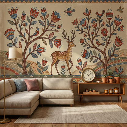 Folk Art Wallpaper Floral Trees Deer Wall Mural