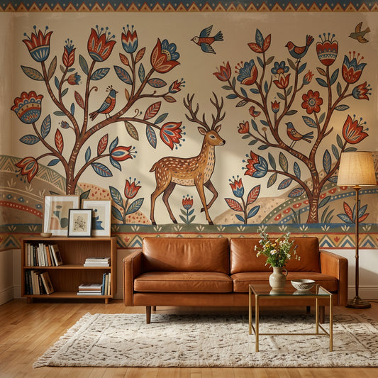 Folk Art Wallpaper Floral Trees Deer Wall Mural