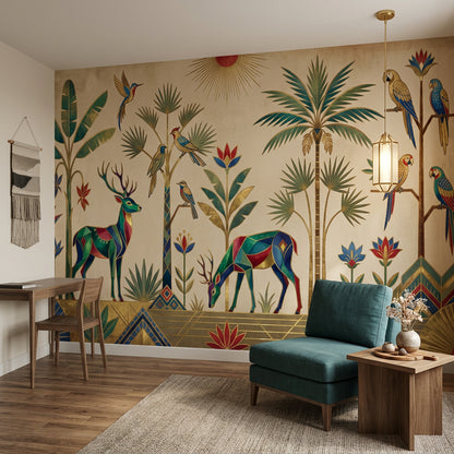 Art Deco Wallpaper Geometric Animals Removable Tropical Palms Wall Decor