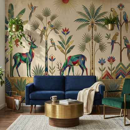 Art Deco Wallpaper Geometric Animals Removable Tropical Palms Wall Decor