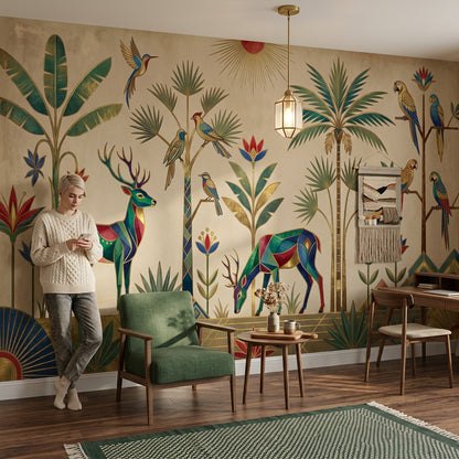 Art Deco Wallpaper Geometric Animals Removable Tropical Palms Wall Decor