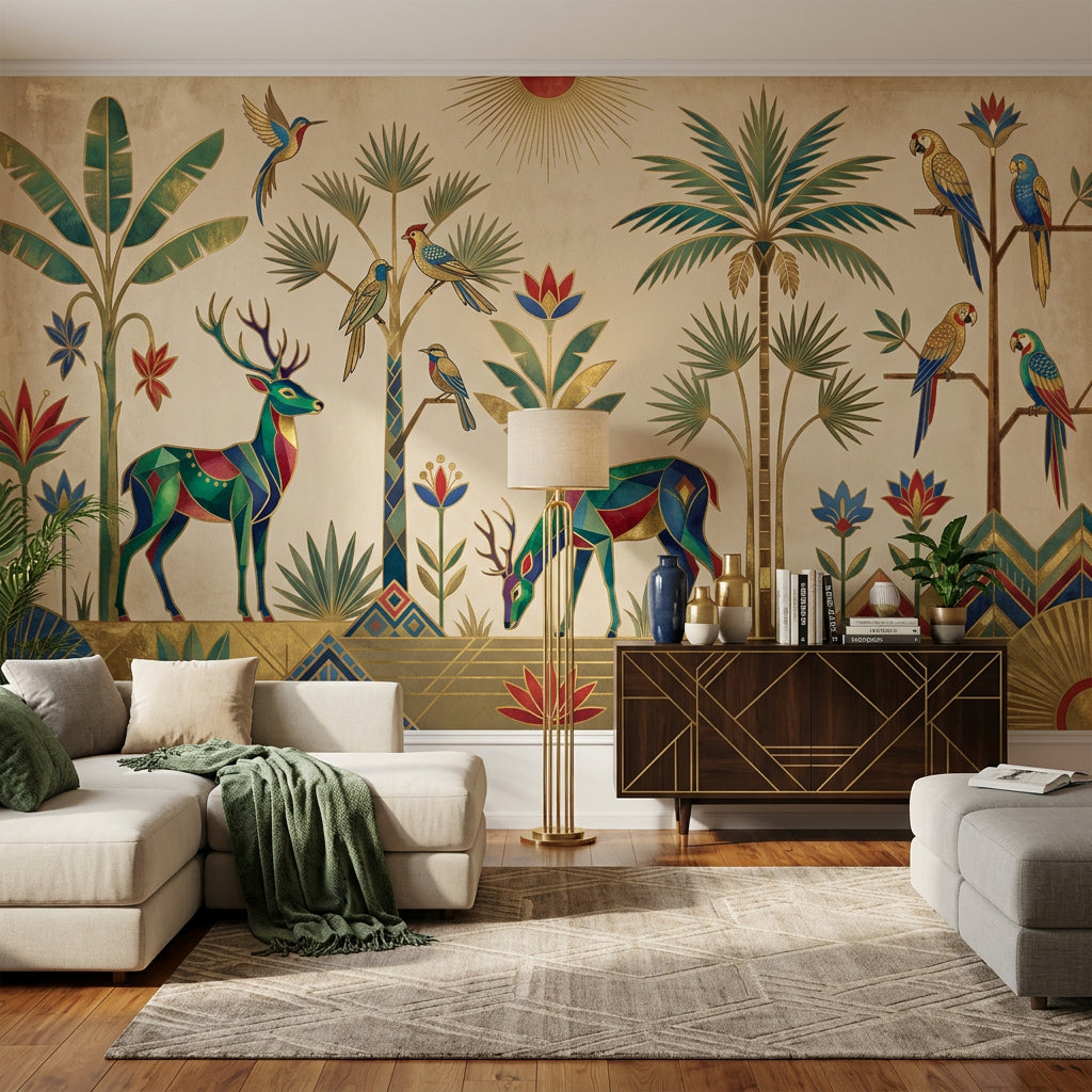 Art Deco Wallpaper Geometric Animals Removable Tropical Palms Wall Decor