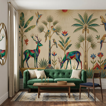 Art Deco Wallpaper Geometric Animals Removable Tropical Palms Wall Decor