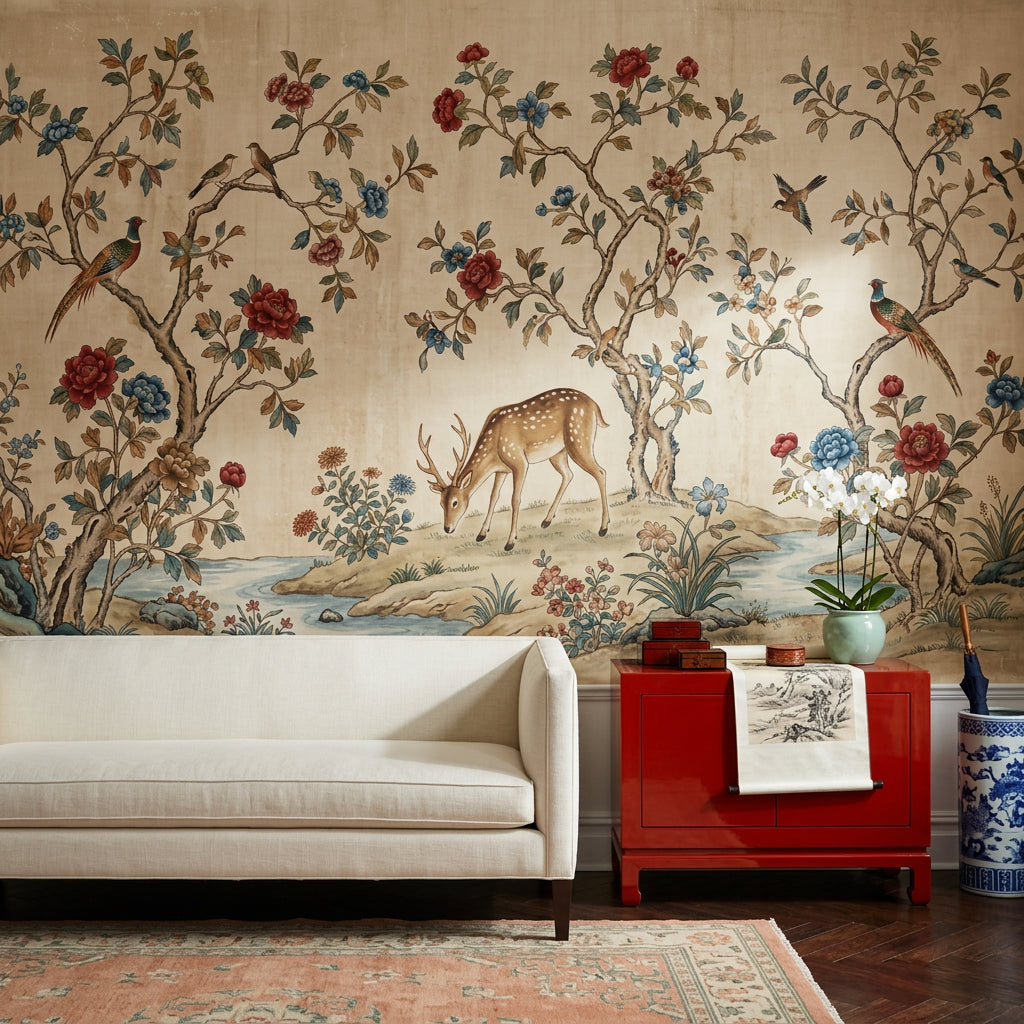 Muted Green Wallpaper Chinoiserie Vintage Wall Mural