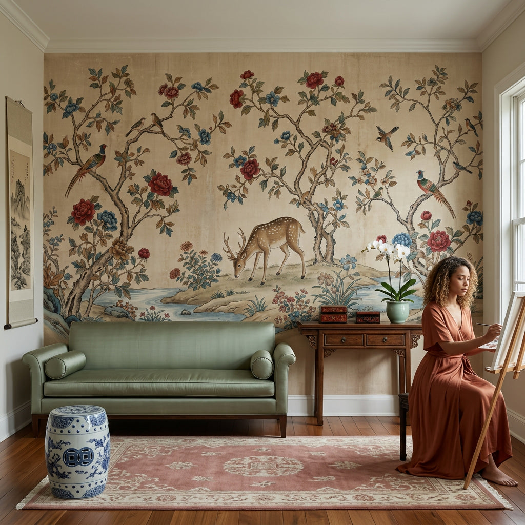 Muted Green Wallpaper Chinoiserie Vintage Wall Mural