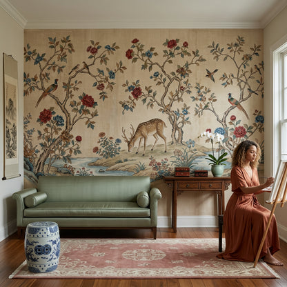 Muted Green Wallpaper Chinoiserie Vintage Wall Mural