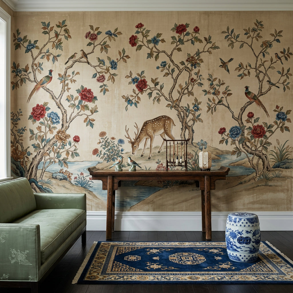 Muted Green Wallpaper Chinoiserie Vintage Wall Mural