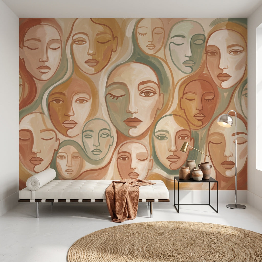 Abstract Faces Wallpaper Modern Portrait Pattern Boho Mural Removable Wall Decor