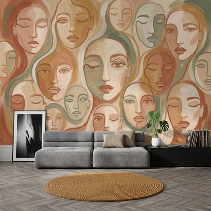 Abstract Faces Wallpaper Modern Portrait Pattern Boho Mural Removable Wall Decor