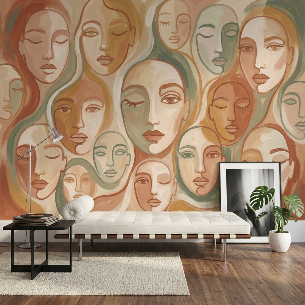 Abstract Faces Wallpaper Modern Portrait Pattern Boho Mural Removable Wall Decor