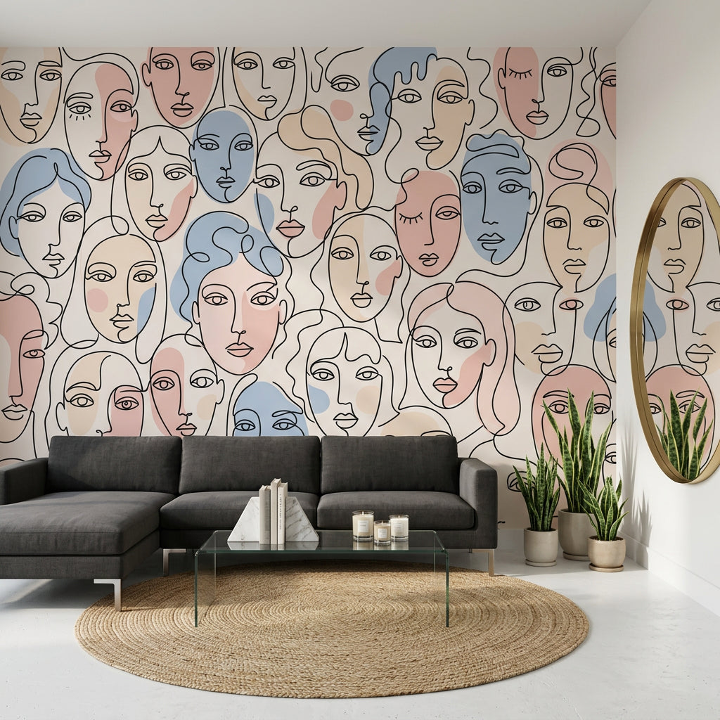 Abstract Faces Wallpaper Line Art Continuous Line Drawing Wall Mural