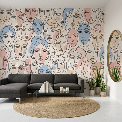 Abstract Faces Wallpaper Line Art Continuous Line Drawing Wall Mural