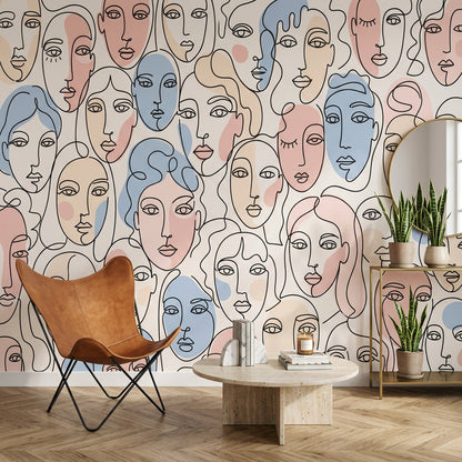 Abstract Faces Wallpaper Line Art Continuous Line Drawing Wall Mural