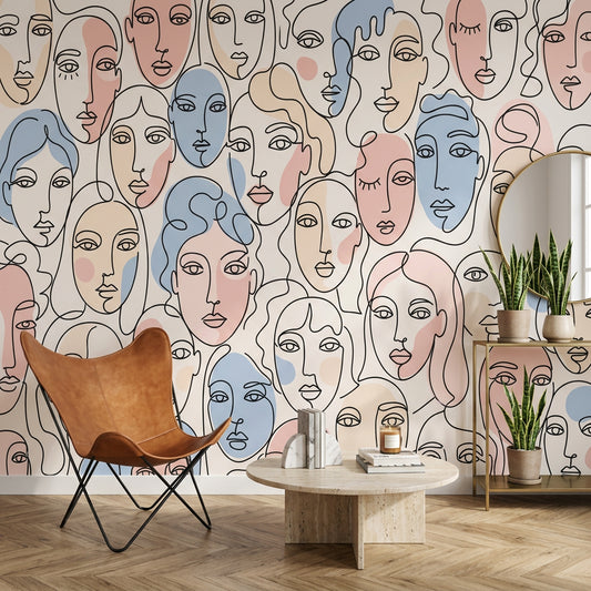 Abstract Faces Wallpaper Line Art Continuous Line Drawing Wall Mural