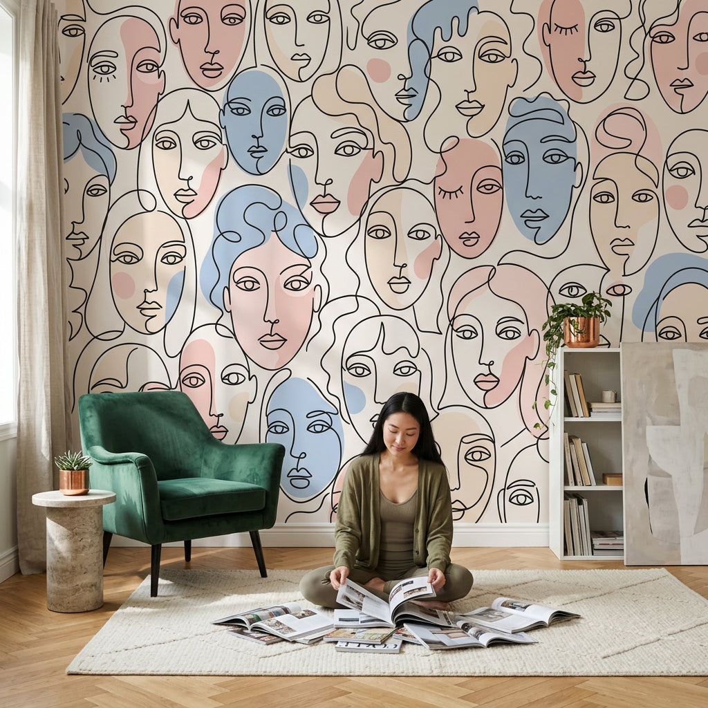 Abstract Faces Wallpaper Line Art Continuous Line Drawing Wall Mural