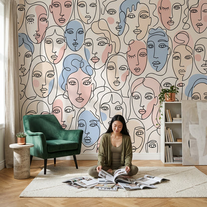 Abstract Faces Wallpaper Line Art Continuous Line Drawing Wall Mural