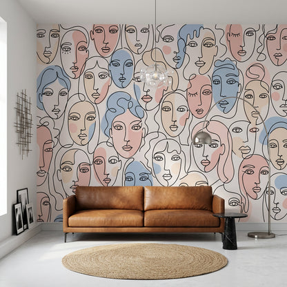 Abstract Faces Wallpaper Line Art Continuous Line Drawing Wall Mural