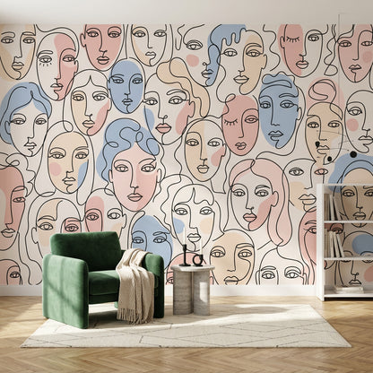 Abstract Faces Wallpaper Line Art Continuous Line Drawing Wall Mural