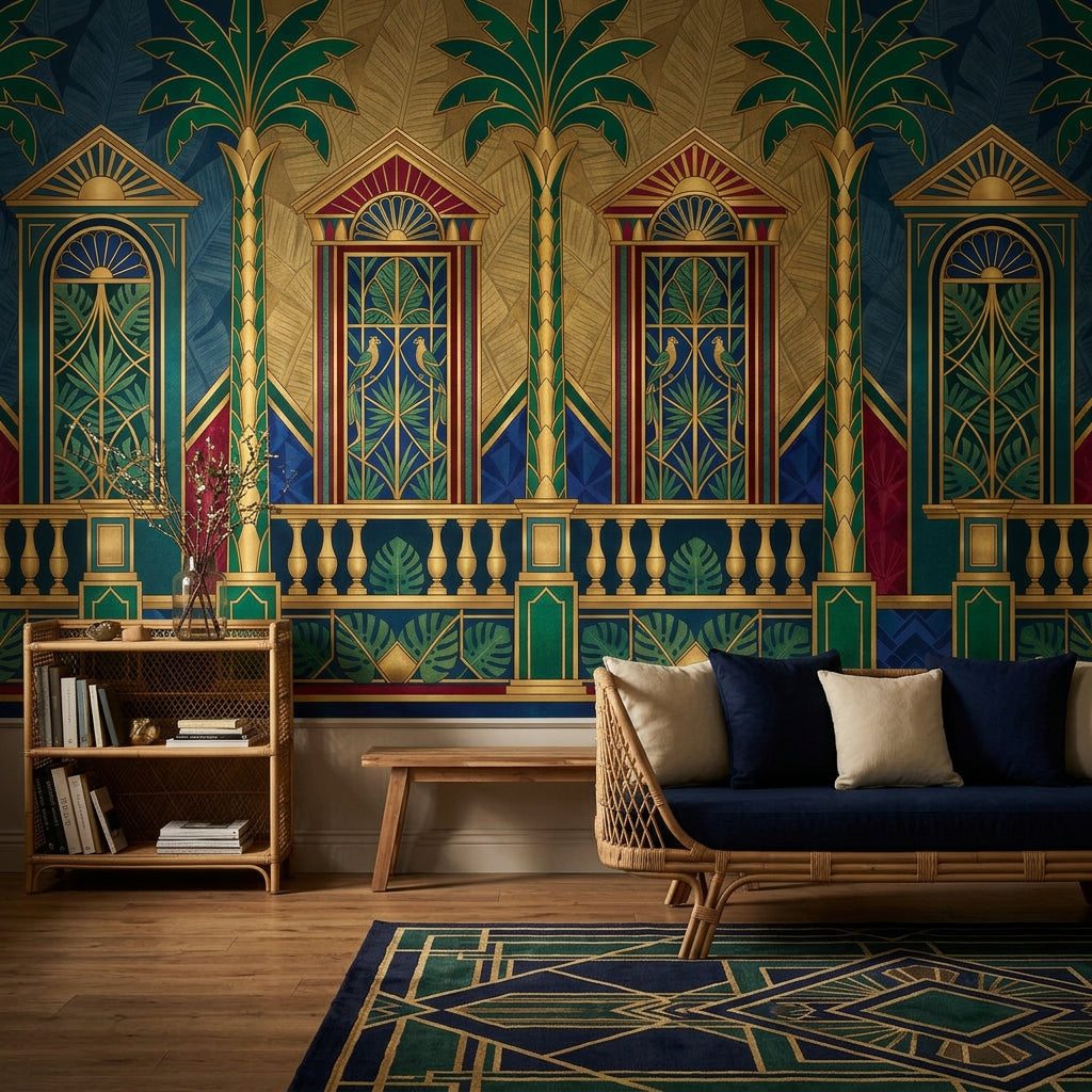 Art Deco Wallpaper Tropical Palms Gold Accents Removable Wall Decor