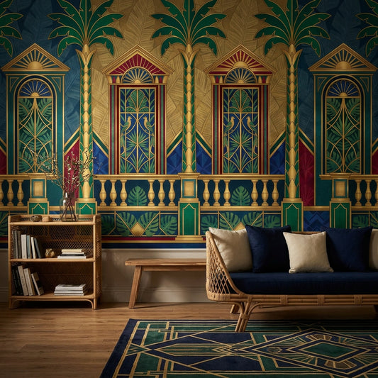 Art Deco Wallpaper Tropical Palms Gold Accents Removable Wall Decor
