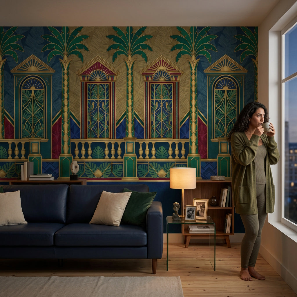 Art Deco Wallpaper Tropical Palms Gold Accents Removable Wall Decor