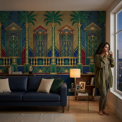 Art Deco Wallpaper Tropical Palms Gold Accents Removable Wall Decor