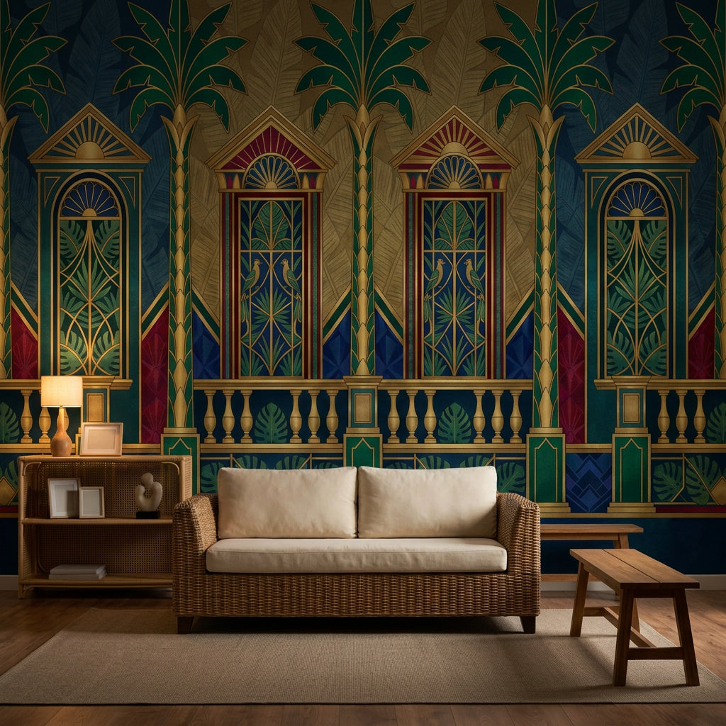Art Deco Wallpaper Tropical Palms Gold Accents Removable Wall Decor