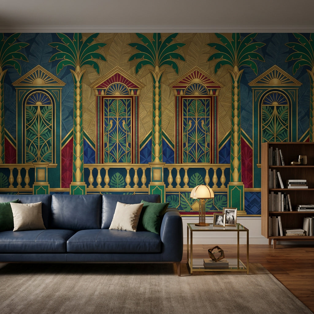 Art Deco Wallpaper Tropical Palms Gold Accents Removable Wall Decor