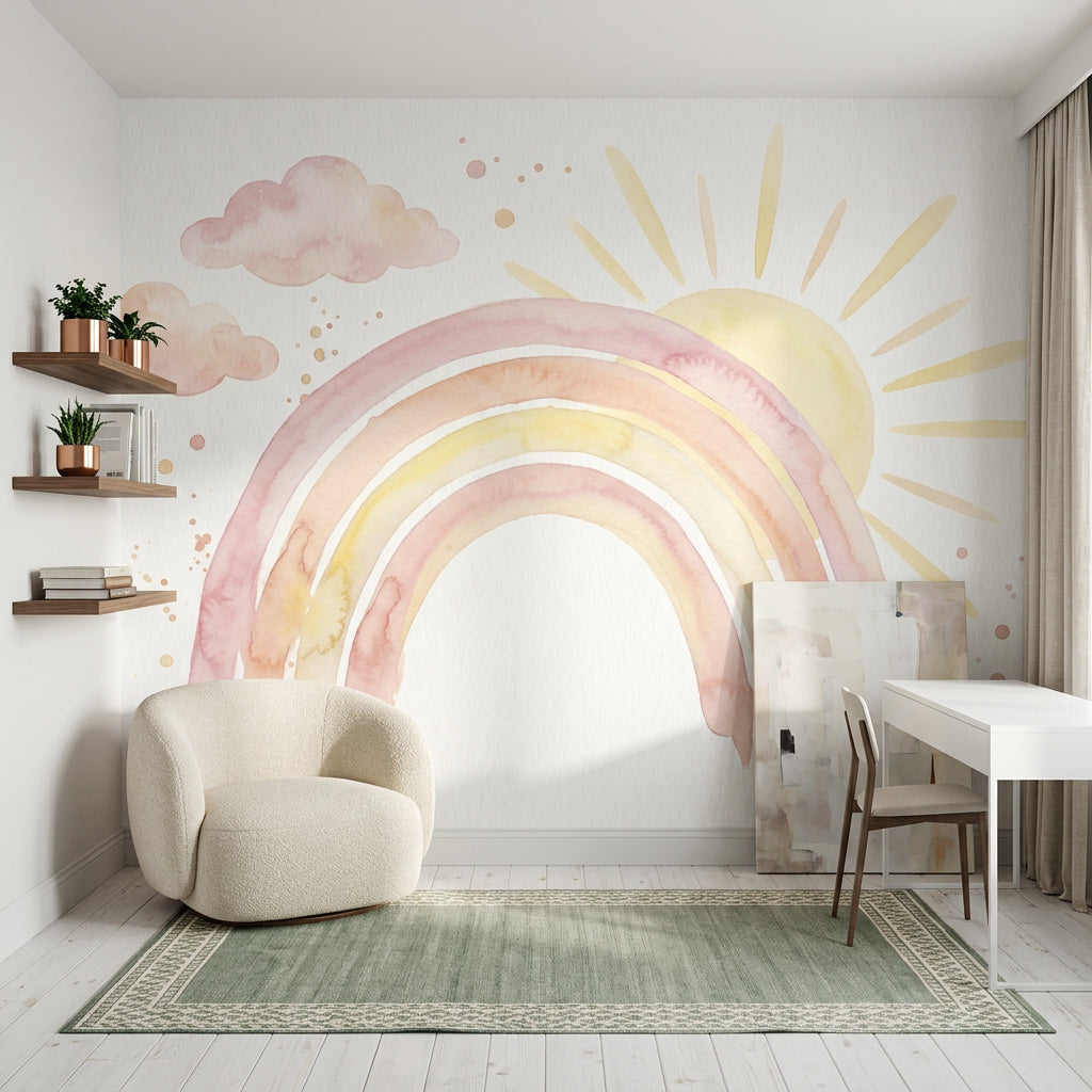Pastel Rainbow Wallpaper Watercolor Sun Rays Removable Wall Decor