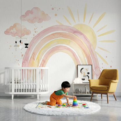 Pastel Rainbow Wallpaper Watercolor Sun Rays Removable Wall Decor