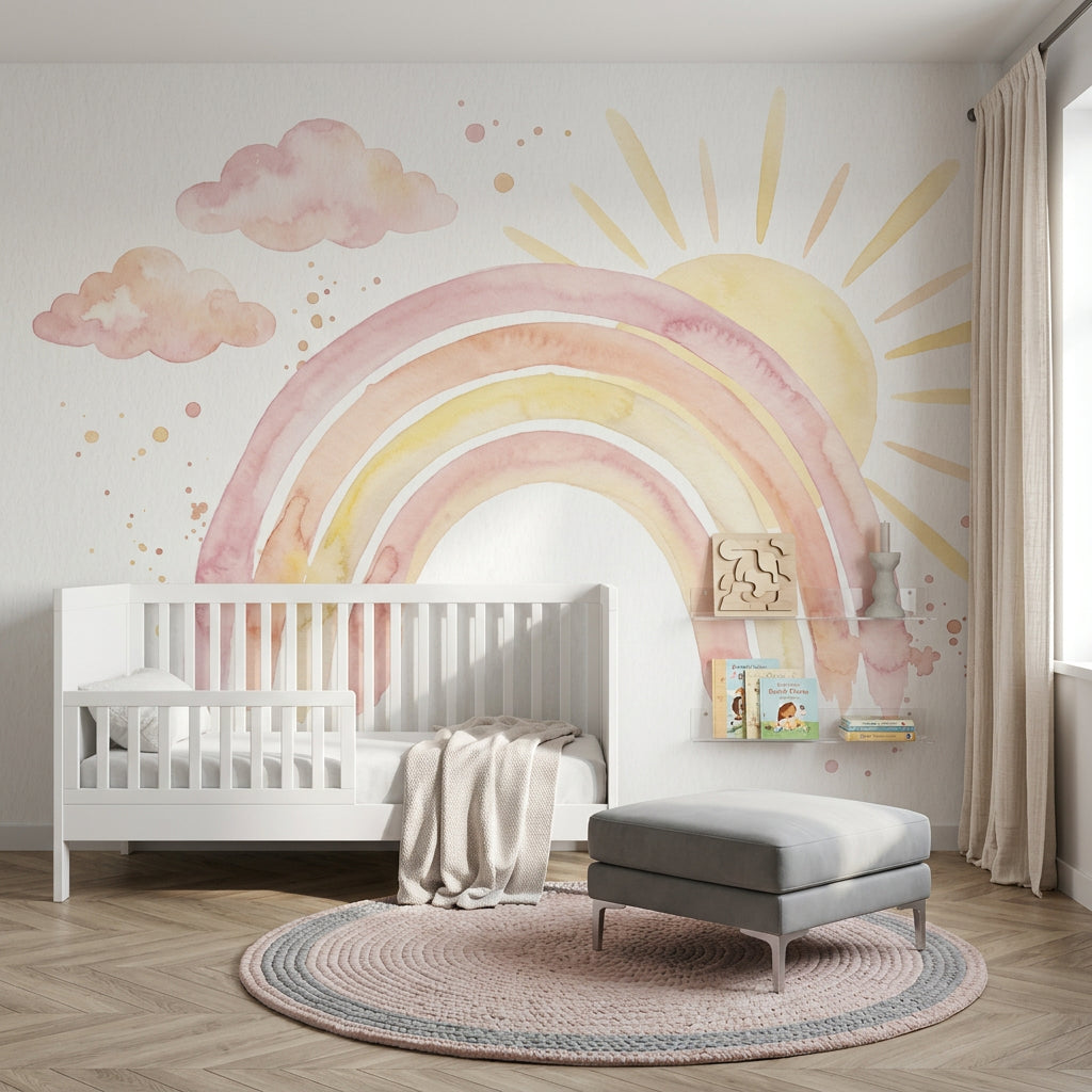 Pastel Rainbow Wallpaper Watercolor Sun Rays Removable Wall Decor